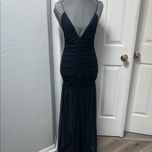 Muse Black Ruched Mesh V-Neck Maxi Dress